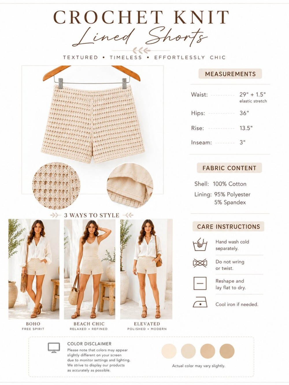 NWT | Skies Are Blue | Cream Crochet Knit Lined Shorts | Size M | Boho | Coastal - Picture 3 of 7